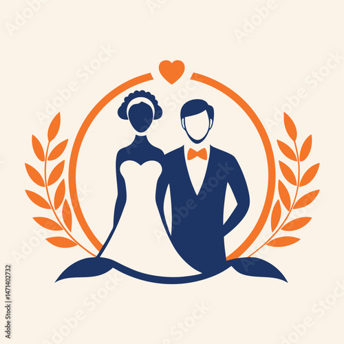 Elegant wedding logo design featuring stylish couple with floral accents and heart symbol in vector clipart format for celebration and event planning