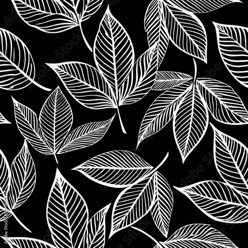 Seamless vector pattern of white botanical leaves on black background  