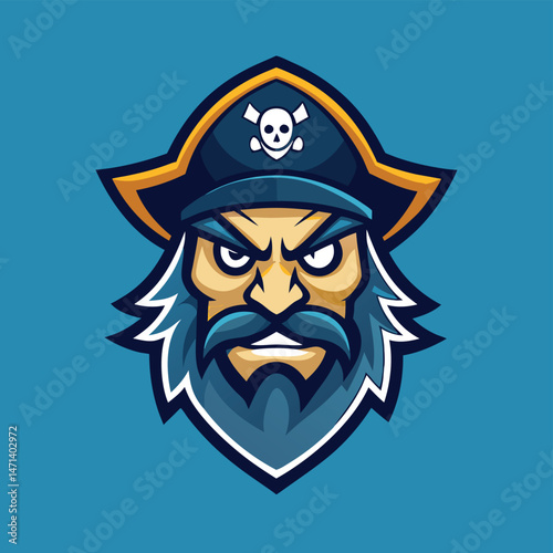 Bold pirate mascot vector illustration featuring a fierce captain with a distinct cap and rebellious expression on a bright blue background