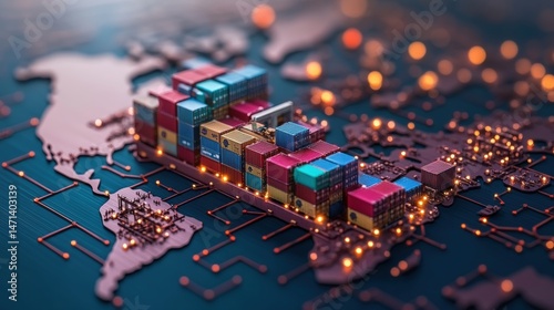 Colorful shipping containers sit atop digital world map depicting global trade and transportation network.