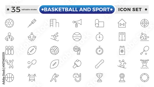 Basketball and Sport web icons outline style. Football, golf, gym, basketball, volleyball, bowling, chess, skiing, boxing, tennis, collection. Editable stroke outline icon.
