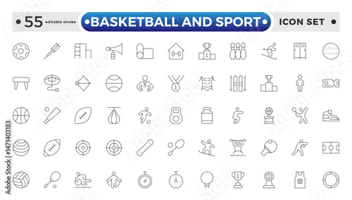 Basketball and Sport web icons outline style. Football, golf, gym, basketball, volleyball, bowling, chess, skiing, boxing, tennis, collection. Editable stroke outline icon.
