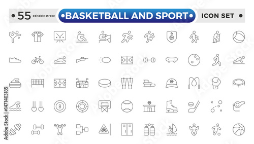 Basketball and Sport web icons outline style. Football, golf, gym, basketball, volleyball, bowling, chess, skiing, boxing, tennis, collection. Editable stroke outline icon.
