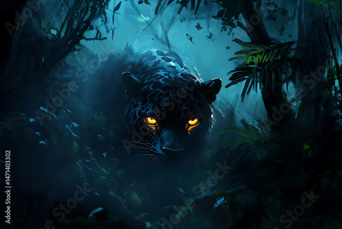 Fototapeta Naklejka Na Ścianę i Meble -  Mysterious jaguar prowling through dense jungle foliage at night with glowing eyes in the dark