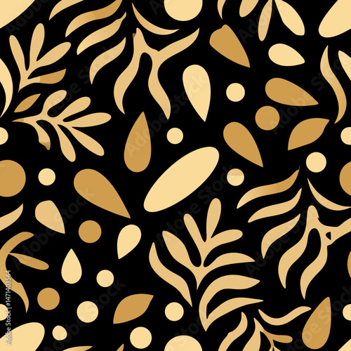 Seamless golden abstract organic vector pattern on black background  