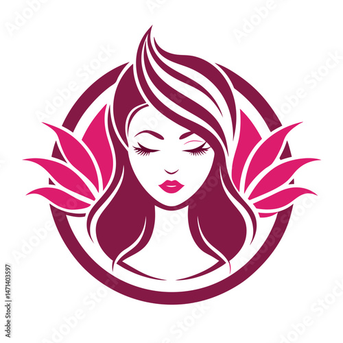 Vector illustration of a feminine logo design with stylized hair and lotus flowers, ideal for beauty and wellness branding purposes