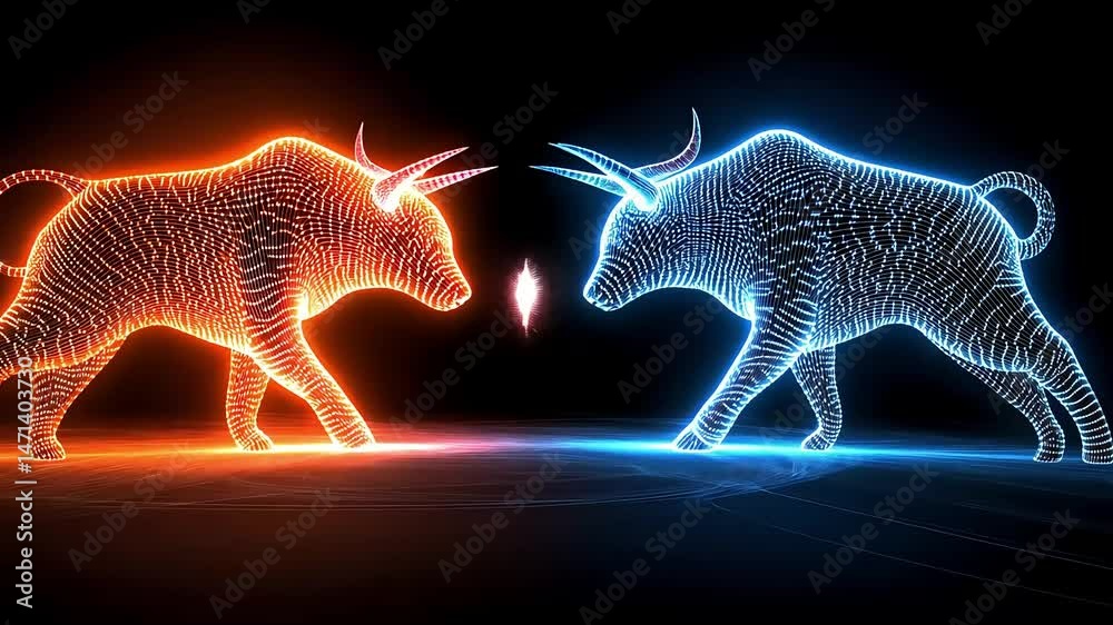 Glowing digital bulls face off, symbolizing market forces