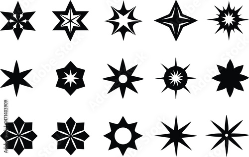 Set of sparkling stars icons. decorative twinkle and bursts forms, abstract shining flash symbols, glowing light effect vector graphic elements collection