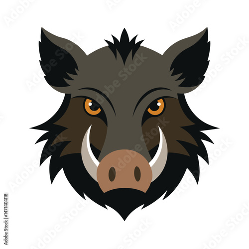 Fierce wild boar head illustration with sharp tusks and intimidating eyes on white background