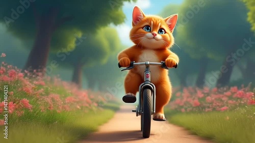 Cartoon-style orange kitten placed on bicycle riding through vibrant forest path with blooming flowers. Children illustration concept seamless looping time-lapse 4k video background
