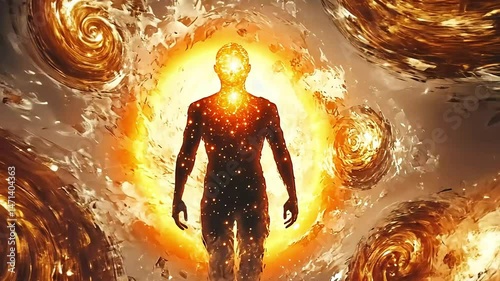 Glowing human silhouette amidst swirling cosmic energy, symbolizing spiritual awakening and connection to the universe