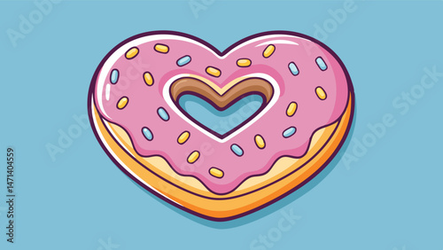 Heart-shaped donut with pink icing and colorful sprinkles on a blue background suitable for celebrations and sweet treats