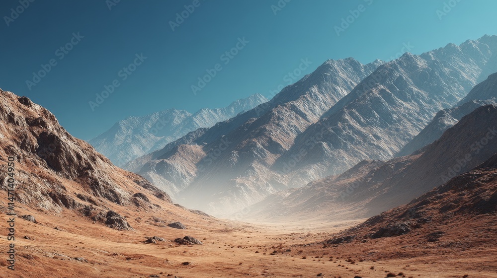 Fototapeta premium Low angle view of barren mountains in a windy and sandy environment, rendered in extreme detail with CG technology. Cinematic 8K quality showcasing the harsh, rugged, and desolate landscape.
