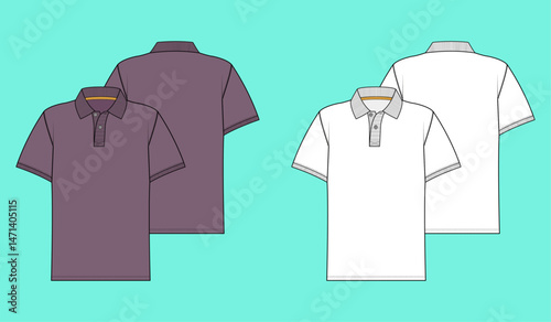  Men's short sleeve Polo shirt colour way set fashion flat sketch template outline CAD mockup front and back views.