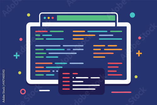 Vector illustration of a web browser displaying colorful code snippets on a dark background with abstract shapes and graphics