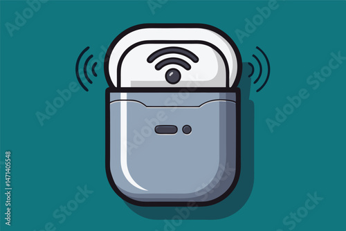 Wireless earbud charging case illustration with sound waves representing connectivity and technology advancements in personal audio devices