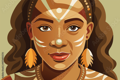 Cultural portrait of a woman with tribal face paint and traditional accessories showcasing heritage in vibrant vector illustration form