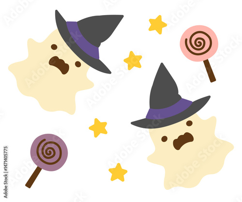 帽子をかぶったハロウィンのかわいいオバケとキャディ