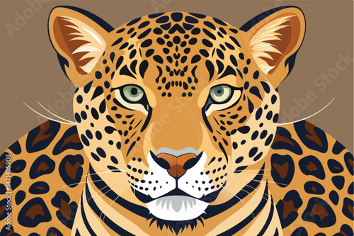 Vector illustration of a realistic leopard face with detailed fur patterns and striking green eyes against a neutral background