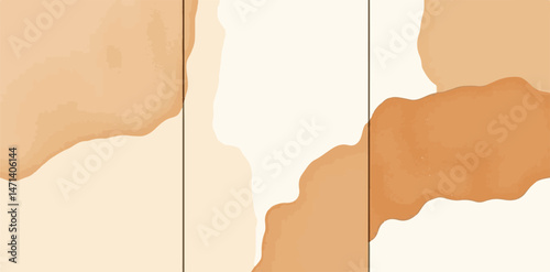 Abstract earthy triptych vector. Panels feature watercolor-like tan and cream shades.