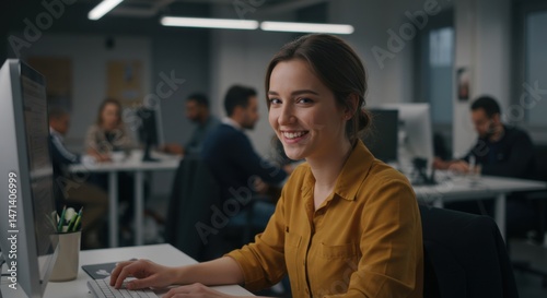 Smiling businesswoman working at computer in modern office