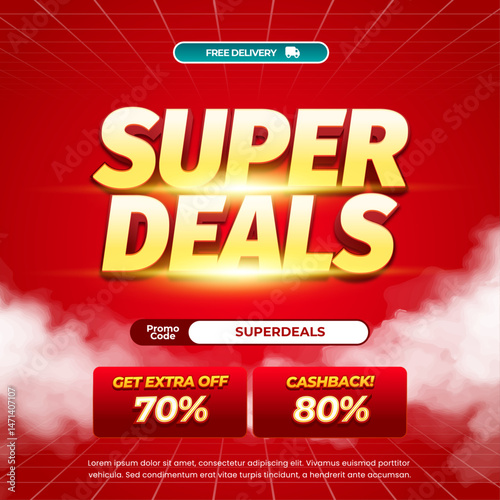 Super Sale discount deals Dynamic bright Red gradient Editable text effect Cloudy style Promo code Cashback Extra discount Promotion Marketing banner template