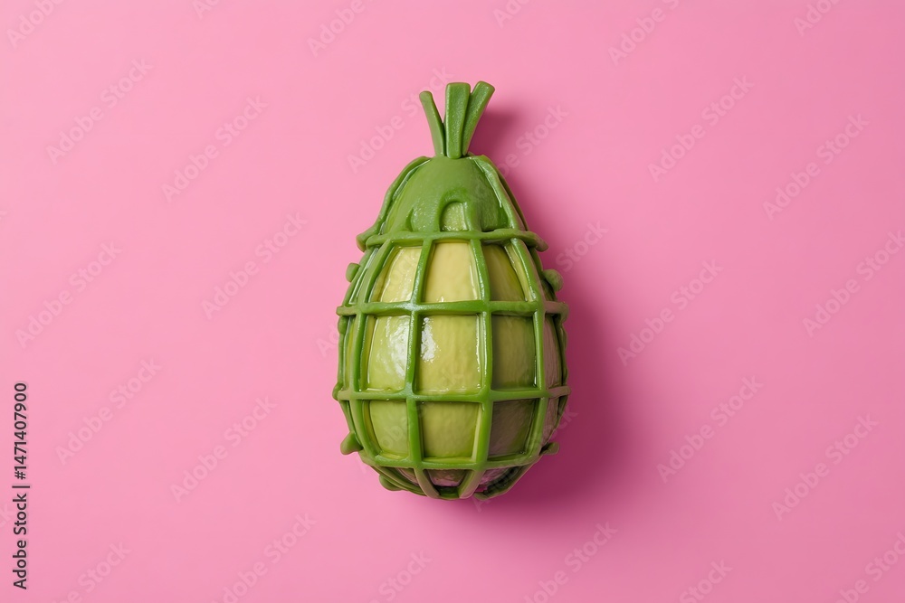 Naklejka premium Avocado in Protective Cage on Pink Background