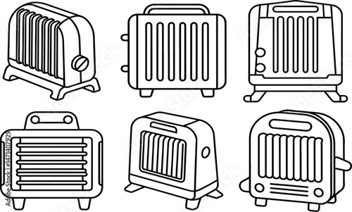 Set of electric toaster outline vector illustration, line art
