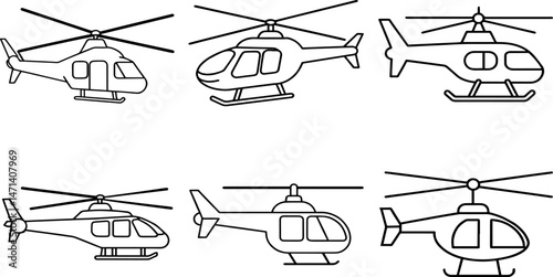 Set of helicopter outline vector illustration, line art
