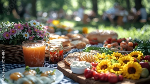 Colorful summer picnic spread with fresh fruits and floral decorations in a natural setting