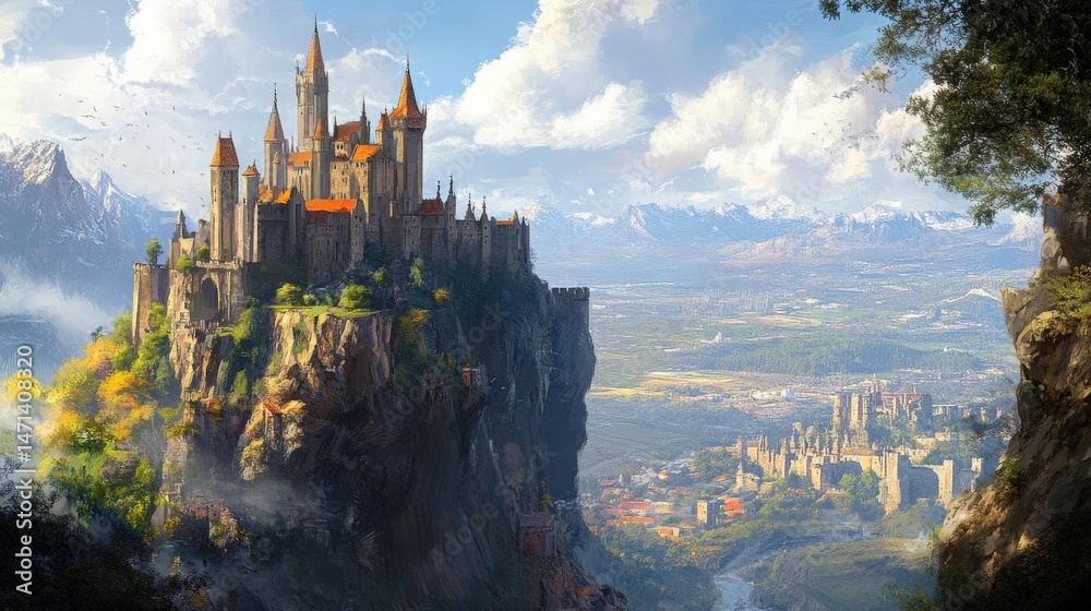 Fototapeta premium Majestic castle perched atop a craggy mountain peak.