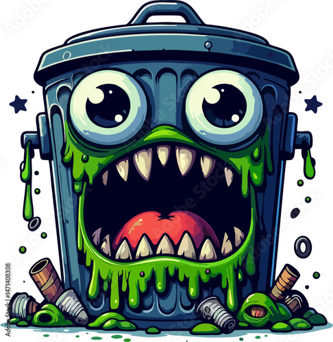 Cartoon Trash Can Monster with Slime, Sharp Teeth, and Trash - Colorful Vector Art Illustration