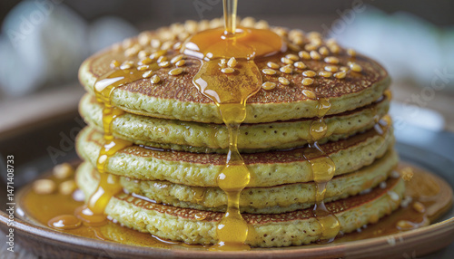 Golden honey cascading over fluffy pandan pancakes with toasted sesame seeds.