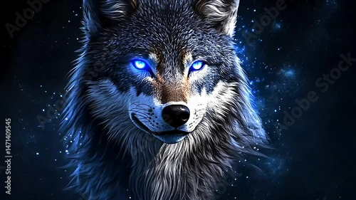 Majestic wolf with piercing blue eyes against a dark, starry backdrop