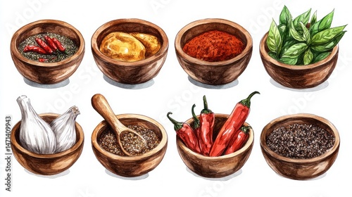 Hand-drawn illustration of various spices in wooden bowls.