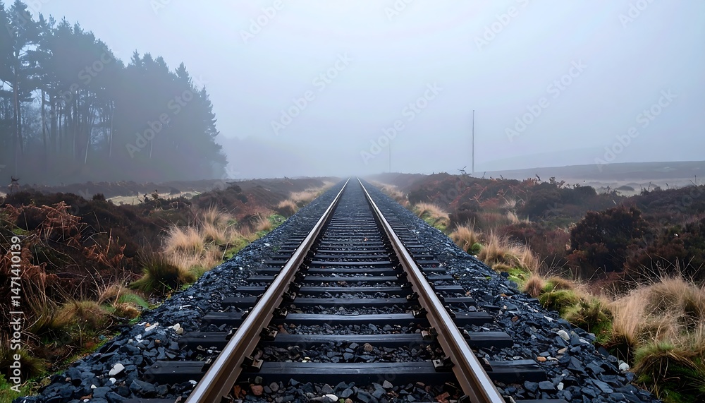 Fototapeta premium Misty Railroad Tracks Leading Through a Remote Landscape