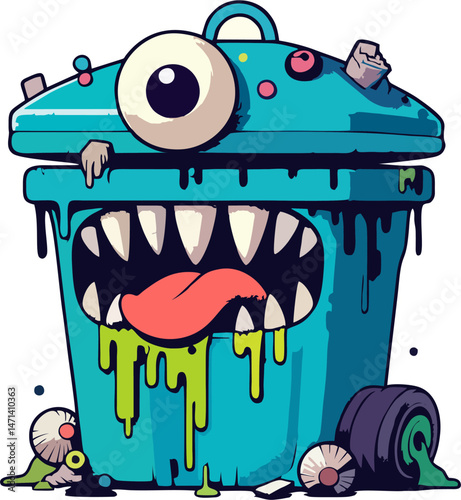 Cartoon Monster Trash Can with One Eye, Slime, and Trash - Colorful and Fun Vector Art Illustration