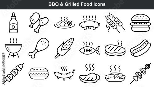 Set of black and white bbq and grilled food icons representing various menu items