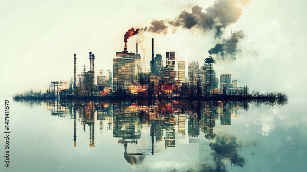 Fototapeta premium Industrial Cityscape Reflected in Still Waters: A Bleak Vision of Environmental Pollution