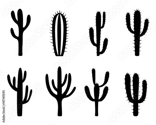 Simple Black Cactus Silhouette Icon Set, Bold Black Western Desert Style Plants

