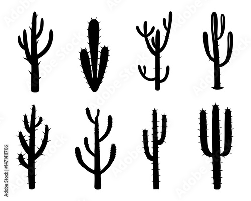 Simple Black Cactus Silhouette Icon Set, Bold Black Western Desert Style Plants
