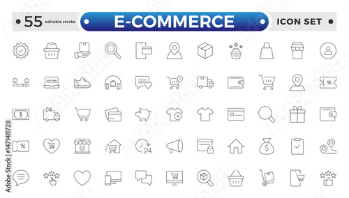 Shopping outline icon Set. Vibrant and engaging icons for enhancing e-commerce platforms, perfect for product listings, and cart management. Editable stroke outline icon.