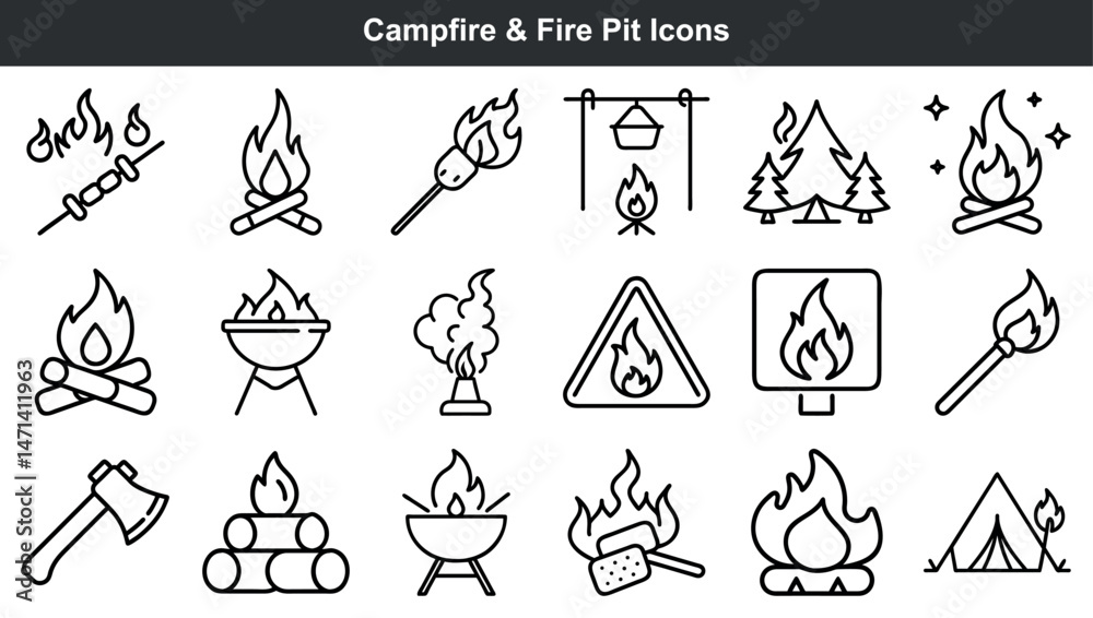 Fototapeta premium Set of line art campfire fire pit outdoor camping hiking and barbecue icons