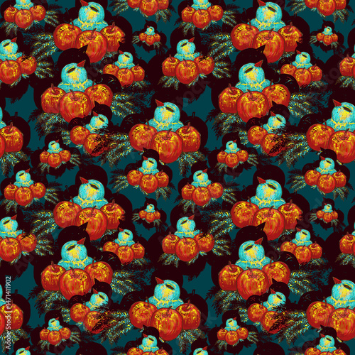 Turquoise bird and apples seamless pattern