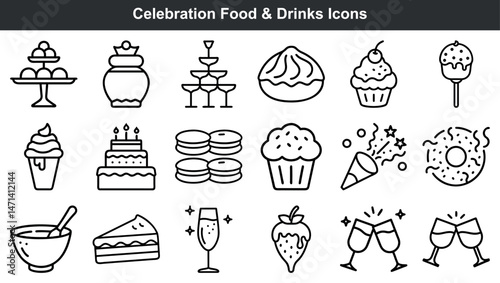 Black and white celebration food and drink icons set for parties and events