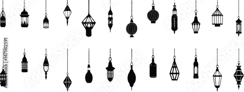 Set of hanging lanterns, Arabic vintage lamp silhouette vector graphic elements collection