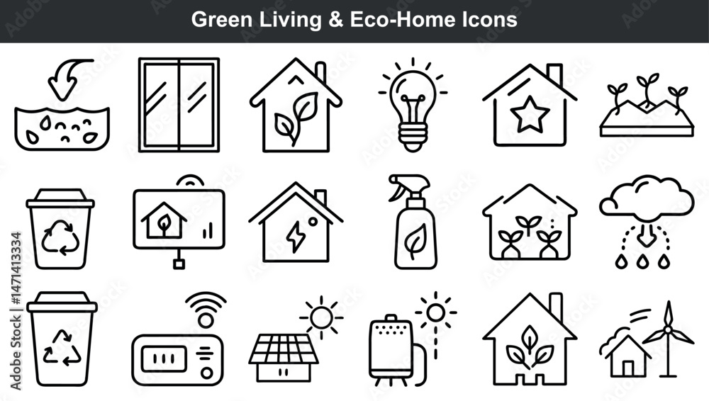 Simple line art icons depicting green living and eco-friendly homes for design use Simple line art icons depicting green living and eco-friendly homes for design use