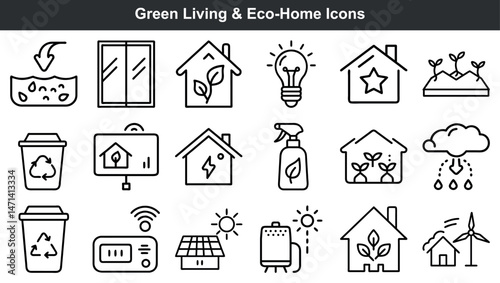 Simple line art icons depicting green living and eco-friendly homes for design use