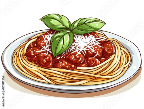 Delicious spaghetti and meatballs cartoon illustration on plate with basil and cheese close up food photography