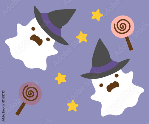 帽子をかぶったハロウィンのかわいいオバケとキャディ